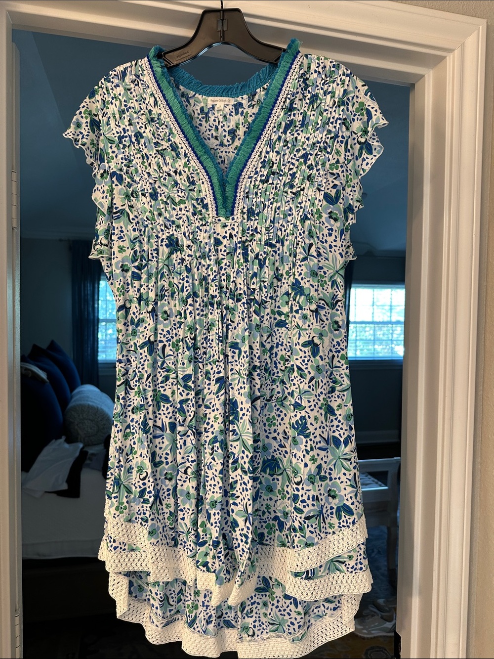 Poupette St. Barth Blue & Green Floral Smocked V-Neck Tunic